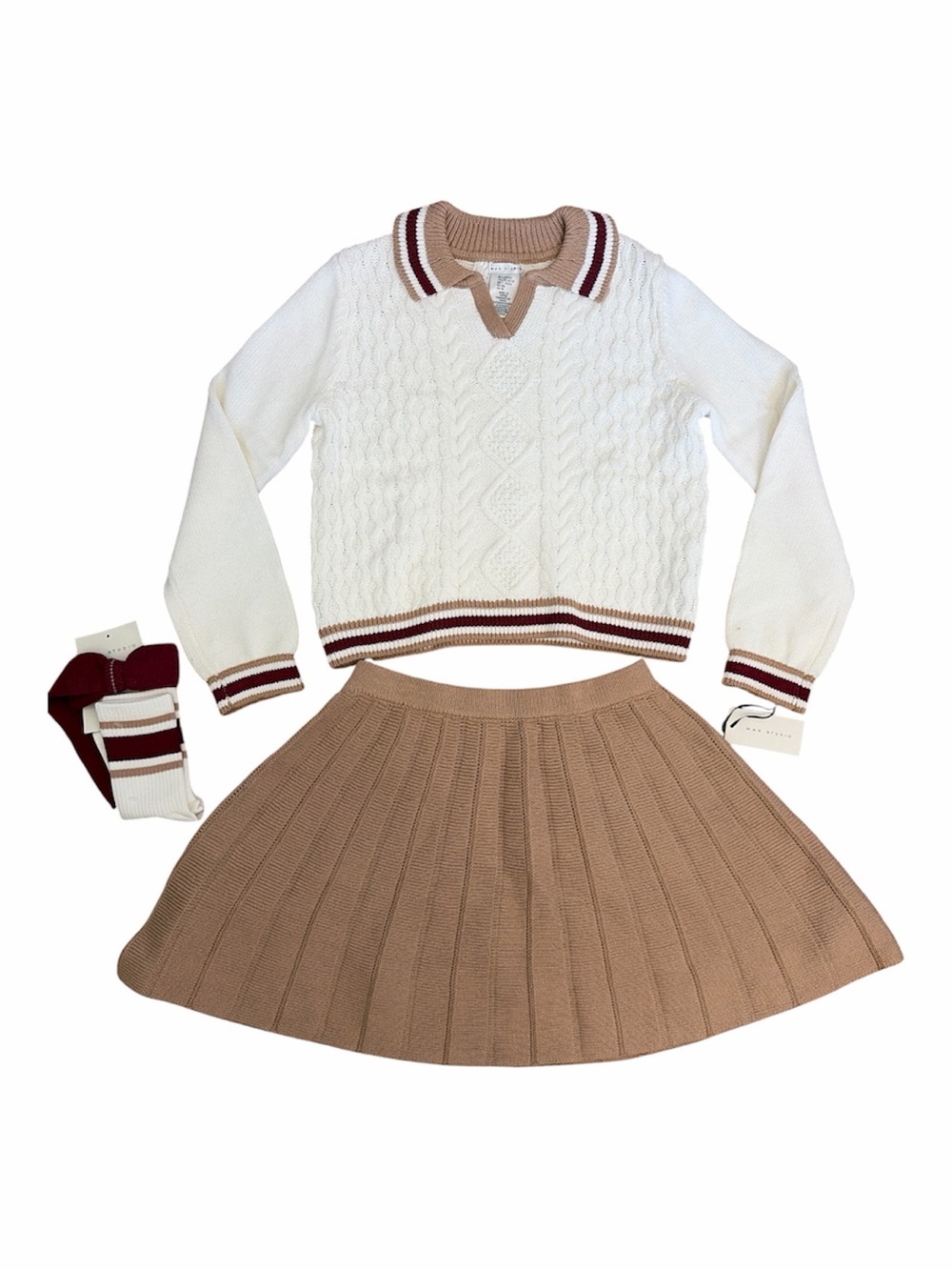 Max Studio 4pc Cable Knit Sweater and Tan Pleated Skirt Set w/ Burgundy Trim